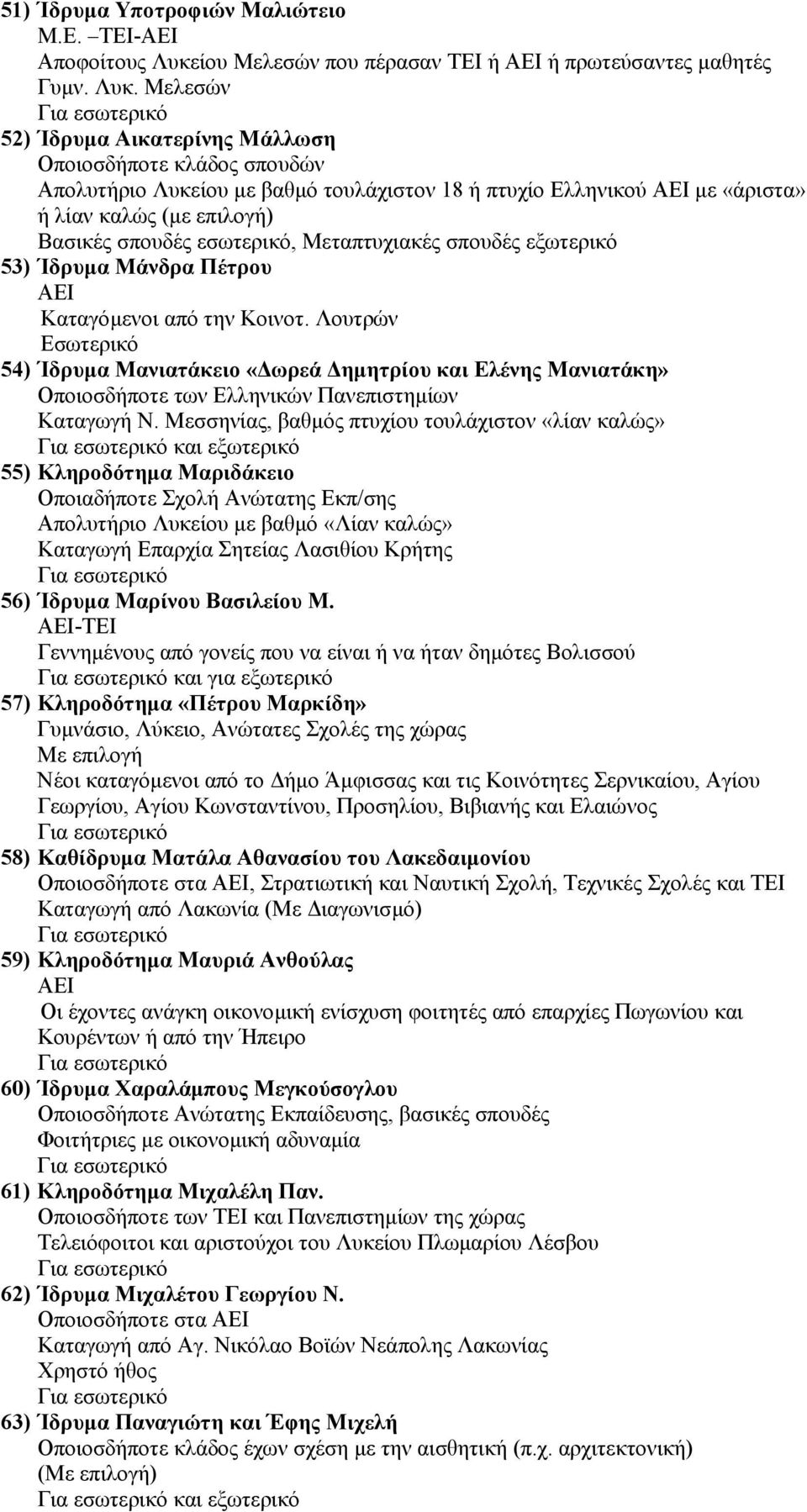 Μελεσών 52) Ίδρυµα Αικατερίνης Μάλλωση Οποιοσδήποτε κλάδος σπουδών Απολυτήριο Λυκείου µε βαθµό τουλάχιστον 18 ή πτυχίο Ελληνικού ΑΕΙ µε «άριστα» ή λίαν καλώς (µε επιλογή) Βασικές σπουδές εσωτερικό,