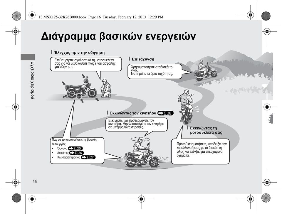 να βεβαιωθείτε πως είναι ασφαλής για οδήγηση. Επιτάχυνση Χρησιμοποιήστε σταδιακά το γκάζι. Να τηρείτε τα όρια ταχύτητας. Πώς να χρησιμοποιήσετε τις βασικές λειτουργίες.