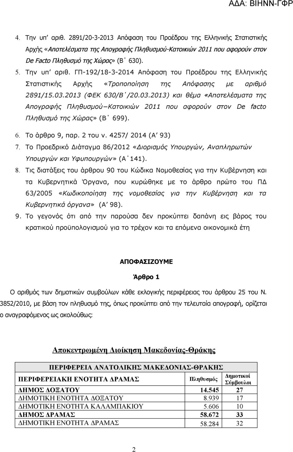 2013 (ΦΕΚ 630/Β /20.03.2013) και θέμα «Αποτελέσματα της Απογραφής Πληθυσμού Κατοικιών 2011 που αφορούν στον De facto Πληθυσμό της Χώρας» (Β 699). 6. Το άρθρο 9, παρ. 2 του ν. 4257/ 2014 (Α 93) 7.