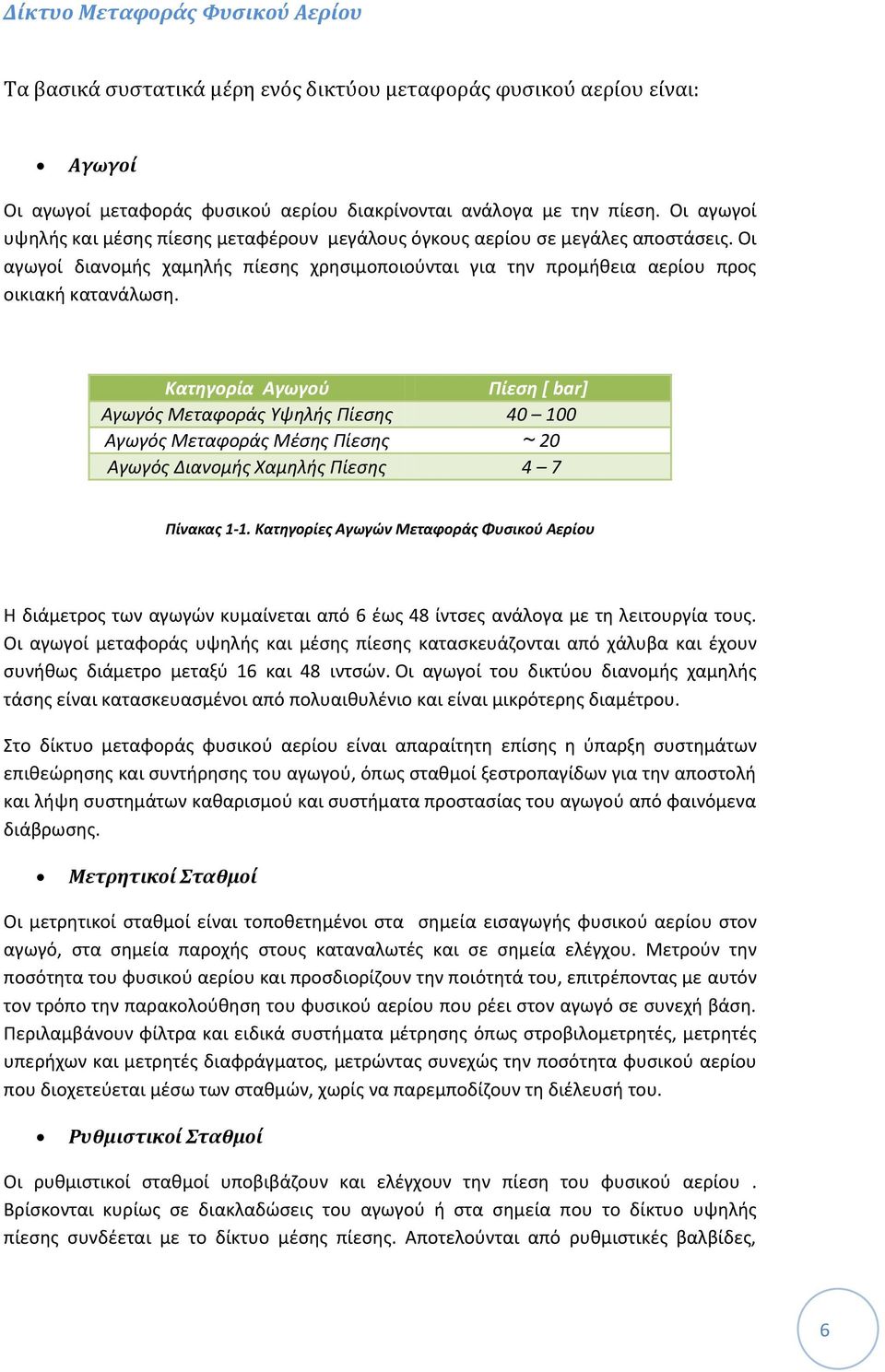 Κατηγορία Αγωγού Αγωγός Μεταφοράς Υψηλής Πίεσης Αγωγός Μεταφοράς Μέσης Πίεσης Αγωγός Διανομής Χαμηλής Πίεσης Πίεση [ bar] 40 100 ~ 20 4 7 Πίνακας 1-1.