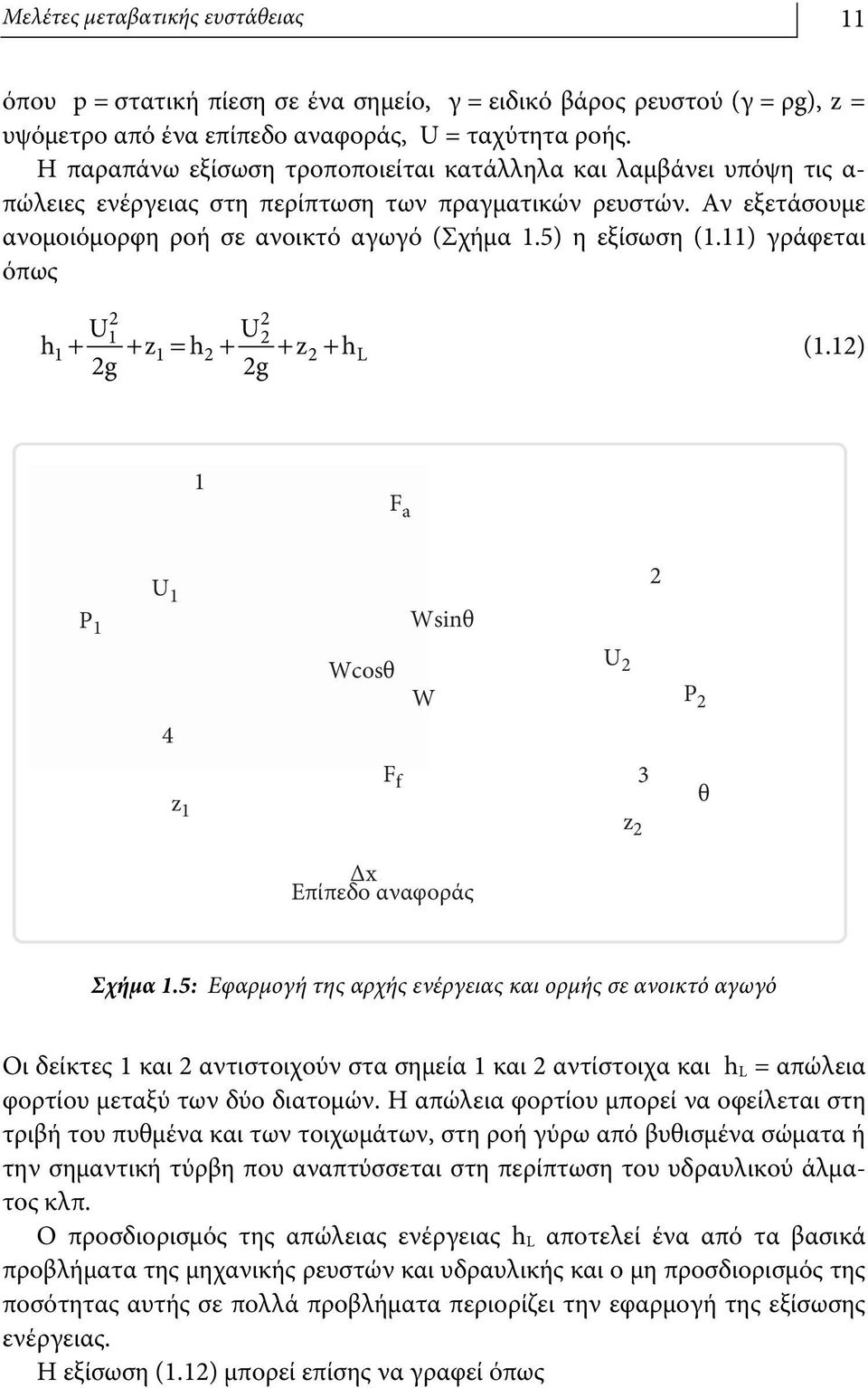 ) γράφεται όπως U U L h + z h z h g + = + g + + (.) F a P U Wsinθ 4 Wcosθ W U P z F f z 3 θ Δx Επίπεδο αναφοράς Σχήμα.