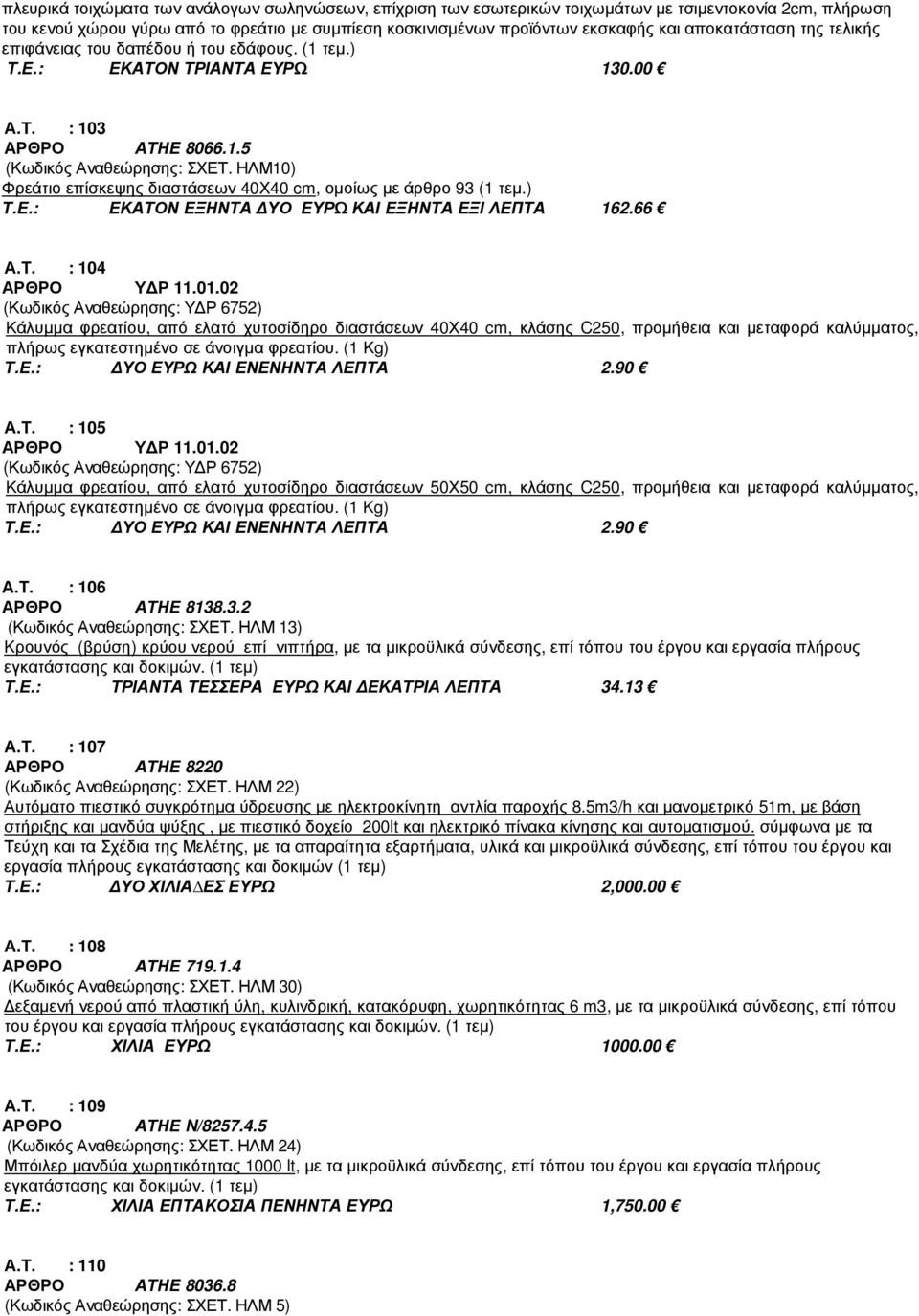 ΗΛΜ10) Φρεάτιο επίσκεψης διαστάσεων 40Χ40 cm, οµοίως µε άρθρο 93 (1 τεµ.) Τ.Ε.: ΕΚΑΤΟΝ ΕΞΗΝΤΑ ΥΟ ΕΥΡΩ ΚΑΙ ΕΞΗΝΤΑ ΕΞΙ ΛΕΠΤΑ 162.66 Α.Τ. : 104 Υ Ρ 11.01.