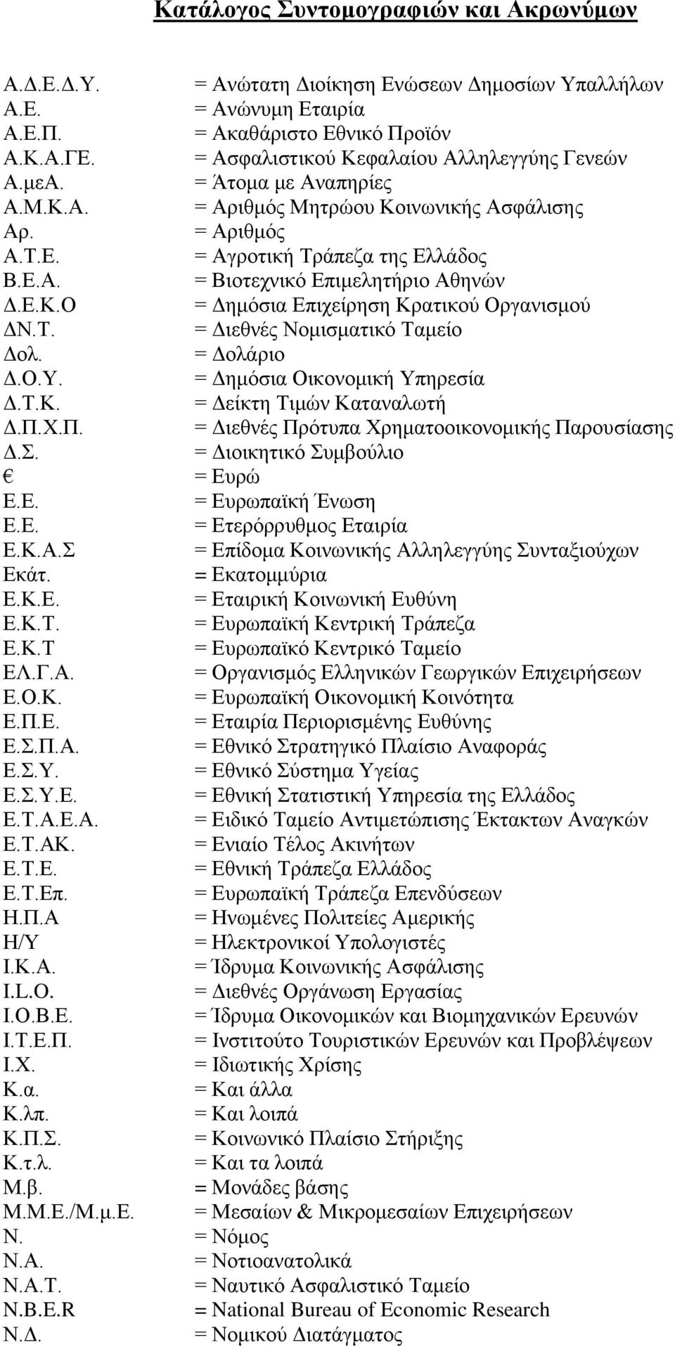 Ε.Κ.Ο = Δημόσια Επιχείρηση Κρατικού Οργανισμού ΔΝ.Τ. = Διεθνές Νομισματικό Ταμείο Δολ. = Δολάριο Δ.Ο.Υ. = Δημόσια Οικονομική Υπηρεσία Δ.Τ.Κ. = Δείκτη Τιμών Καταναλωτή Δ.Π.