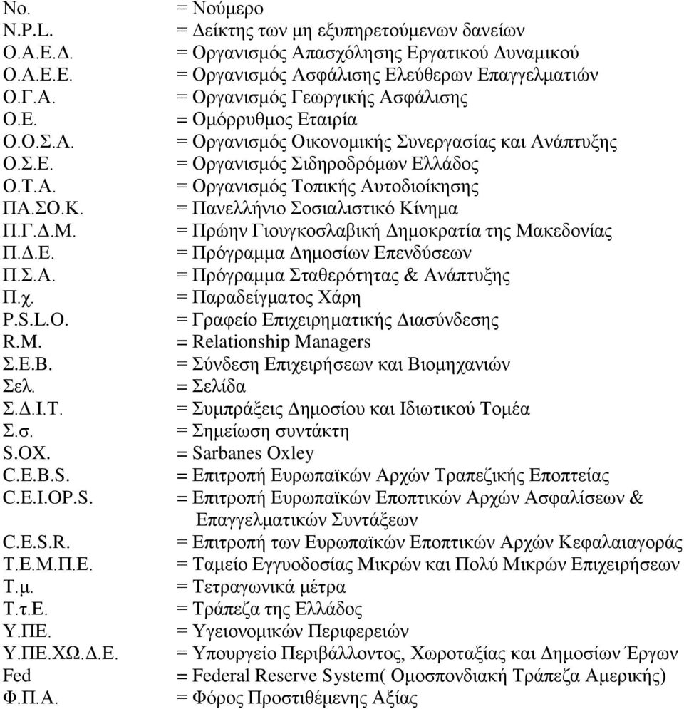 = Νούμερο = Δείκτης των μη εξυπηρετούμενων δανείων = Οργανισμός Απασχόλησης Εργατικού Δυναμικού = Οργανισμός Ασφάλισης Ελεύθερων Επαγγελματιών = Οργανισμός Γεωργικής Ασφάλισης = Ομόρρυθμος Εταιρία =