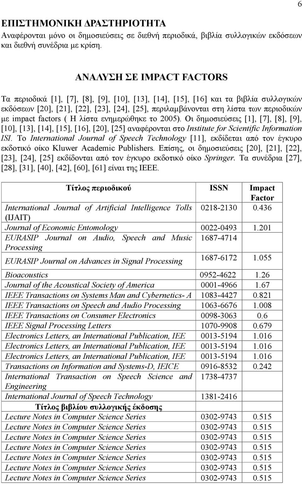 περιοδικών με impact factors ( Η λίστα ενημερώθηκε το 2005). Οι δημοσιεύσεις [1], [7], [8], [9], [10], [13], [14], [15], [16], [20], [25] αναφέρονται στο Institute for Scientific Information ISI.