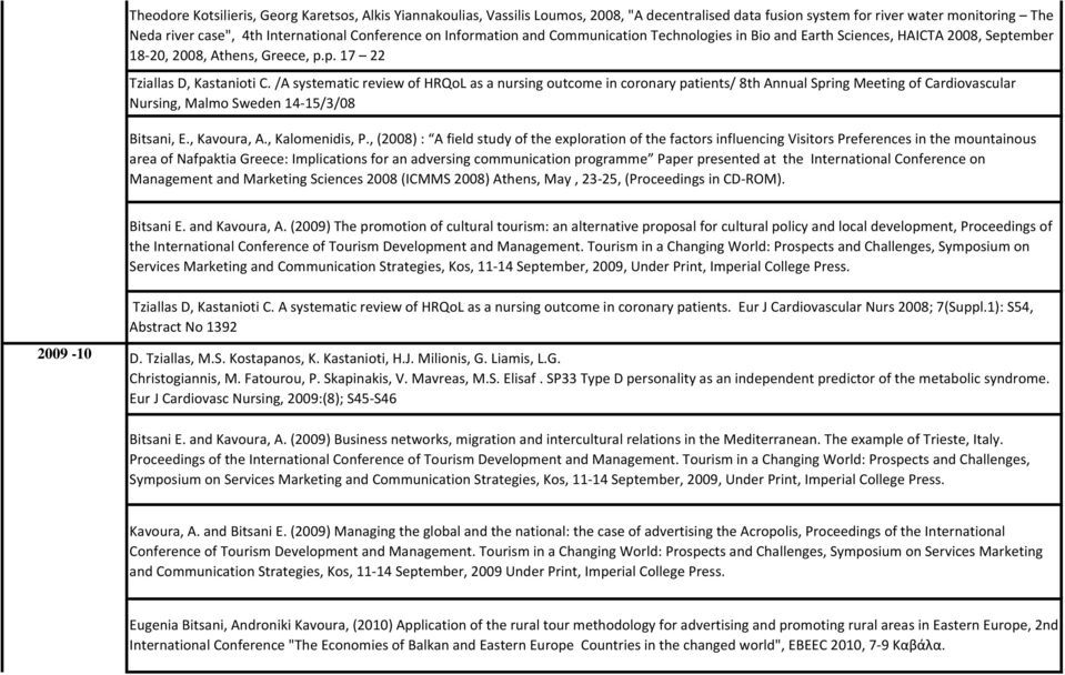 /A systematic review of HRQoL as a nursing outcome in coronary patients/ 8th Annual Spring Meeting of Cardiovascular Nursing, Malmo Sweden 14-15/3/08 Bitsani, E., Kavoura, A., Kalomenidis, P.