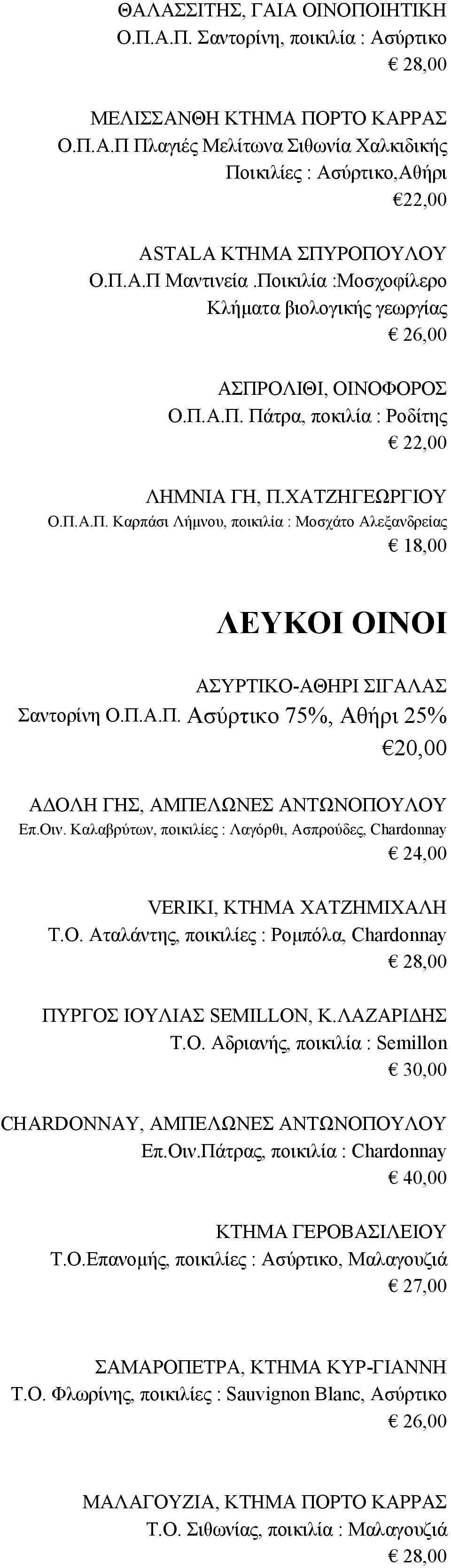 Π.Α.Π. Aσύρτικο 75%, Αθήρι 25% 20,00 AΔΟΛΗ ΓΗΣ, ΑΜΠΕΛΩΝΕΣ ΑΝΤΩΝΟΠΟΥΛΟΥ Επ.Οιν. Καλαβρύτων, ποικιλίες : Λαγόρθι, Ασπρούδες, Chardonnay VERIKI, ΚΤΗΜΑ ΧΑΤΖΗΜΙΧΑΛΗ Τ.Ο. Αταλάντης, ποικιλίες : Ρομπόλα, Chardonnay ΠΥΡΓΟΣ ΙΟΥΛΙΑΣ SEMILLON, Κ.