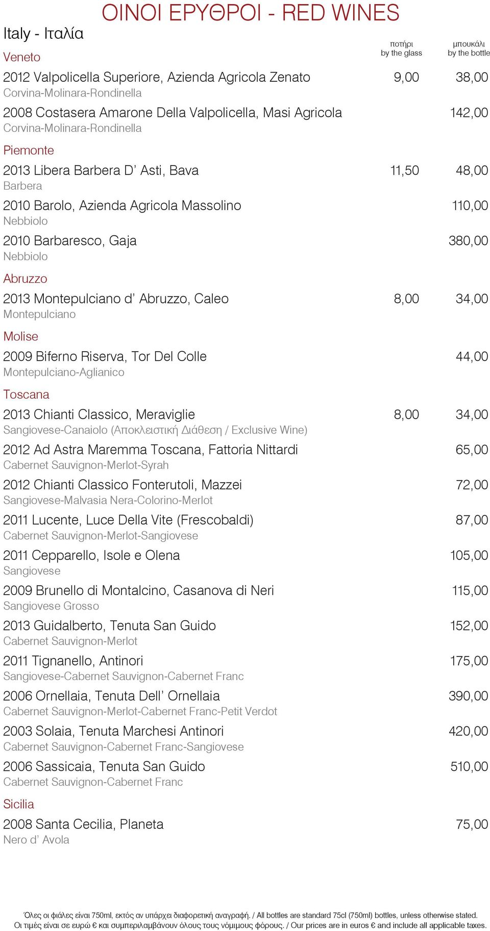 2013 Montepulciano d Abruzzo, Caleo 8,00 34,00 Montepulciano Molise 2009 Biferno Riserva, Tor Del Colle 44,00 Montepulciano-Aglianico Toscana 2013 Chianti Classico, Meraviglie 8,00 34,00