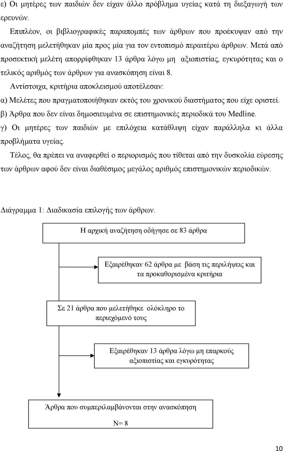 Μετά από προσεκτική μελέτη απορρίφθηκαν 13 άρθρα λόγω μη αξιοπιστίας, εγκυρότητας και ο τελικός αριθμός των άρθρων για ανασκόπηση είναι 8.