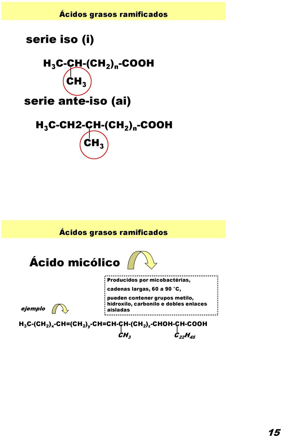 micobactérias, cadenas largas, 60 a 90 C, pueden contener grupos metilo, hidroxilo, carbonilo e