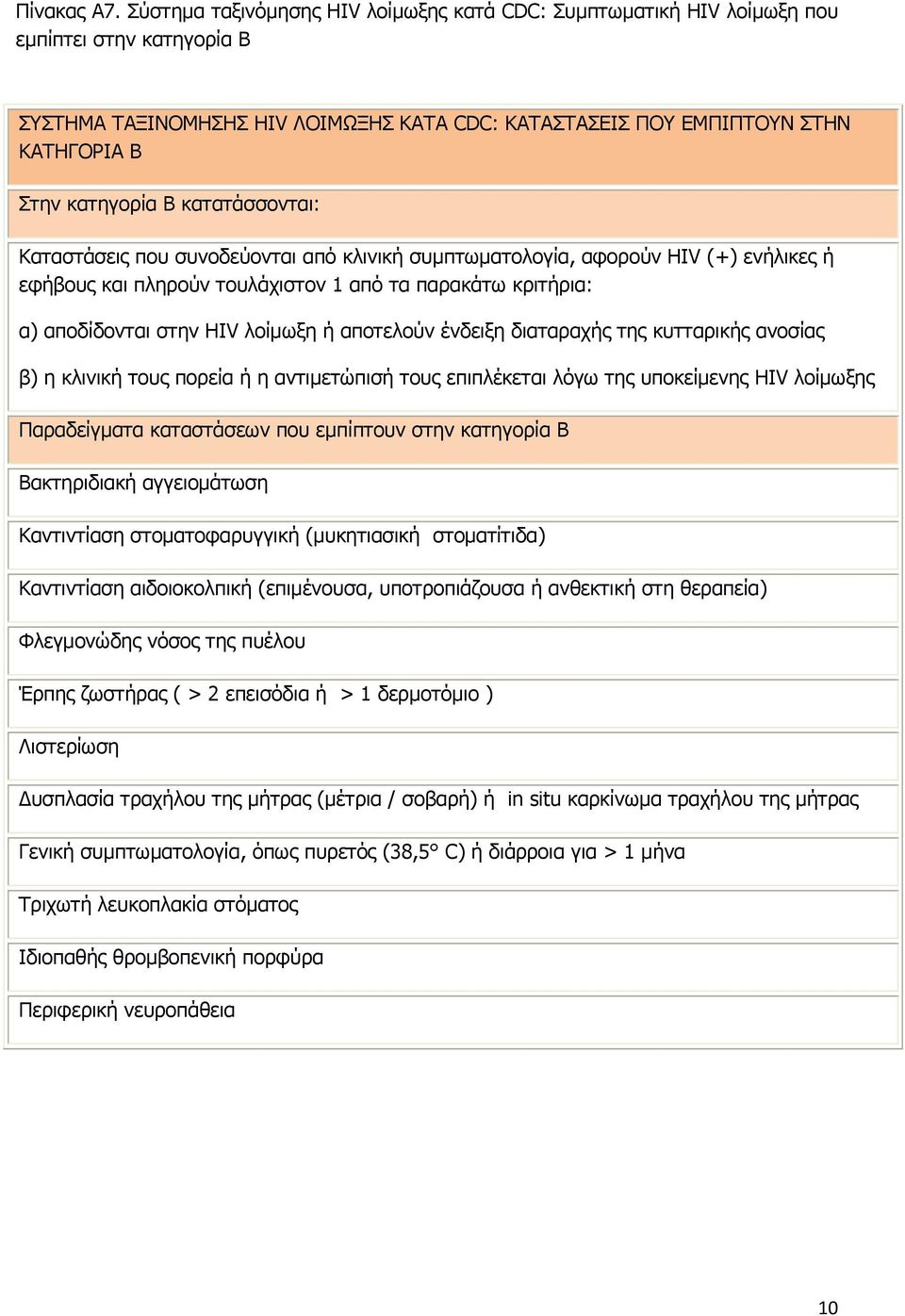 B κατατάσσονται: Καταστάσεις που συνοδεύονται από κλινική συμπτωματολογία, αφορούν HIV (+) ενήλικες ή εφήβους και πληρούν τουλάχιστον 1 από τα παρακάτω κριτήρια: α) αποδίδονται στην HIV λοίμωξη ή