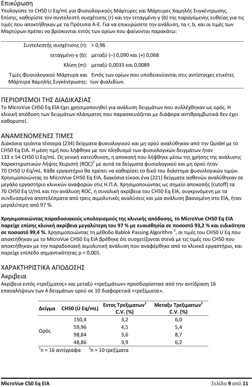 Για να επικυρώσετε την ανάλυση, τα r, b, και οι τιμές των Μαρτύρων πρέπει να βρίσκονται εντός των ορίων που φαίνονται παρακάτω: Συντελεστής συσχέτισης (r): > 0,96 Τιμές Φυσιολογικού Μάρτυρα και
