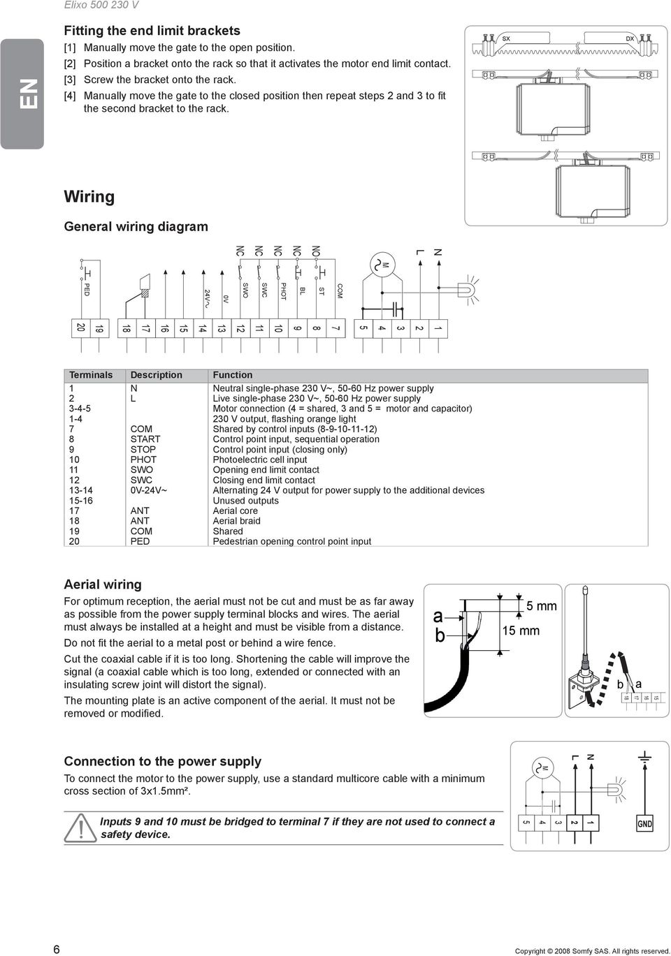 SX DX Wiring General wiring diagram N L M COM ST L PHOT SWC SWO 0V PED 1 2 3 4 5 10 11 12 13 14 15 16 1 1 1 20 Terminals Description Function 1 N Neutral single-phase 230 V~, 50-60 Hz power supply 2