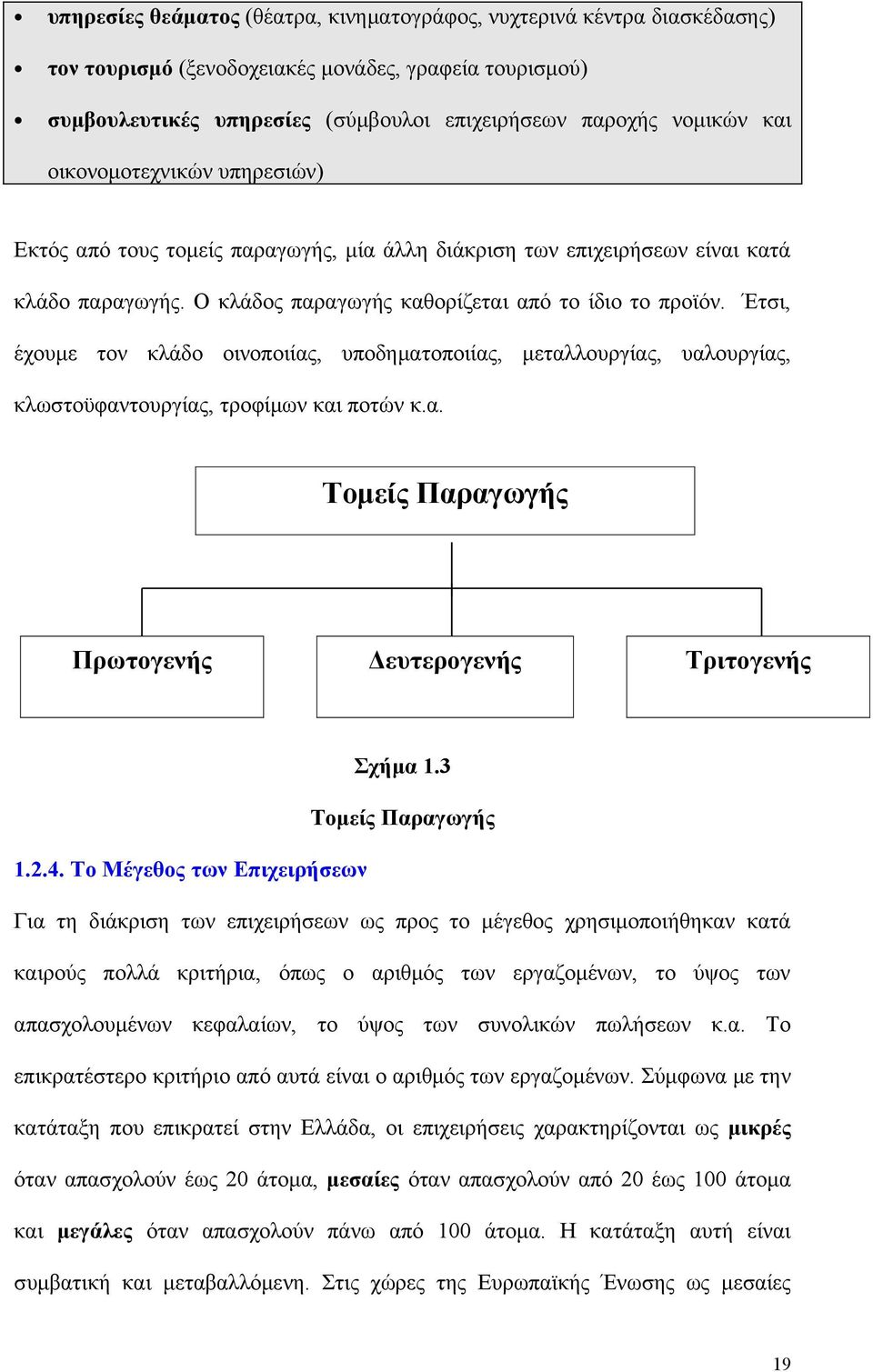 Έτσι, έχουμε τον κλάδο οινοποιίας, υποδηματοποιίας, μεταλλουργίας, υαλουργίας, κλωστοϋφαντουργίας, τροφίμων και ποτών κ.α. Τομείς Παραγωγής Πρωτογενής Δευτερογενής Τριτογενής Σχήμα 1.