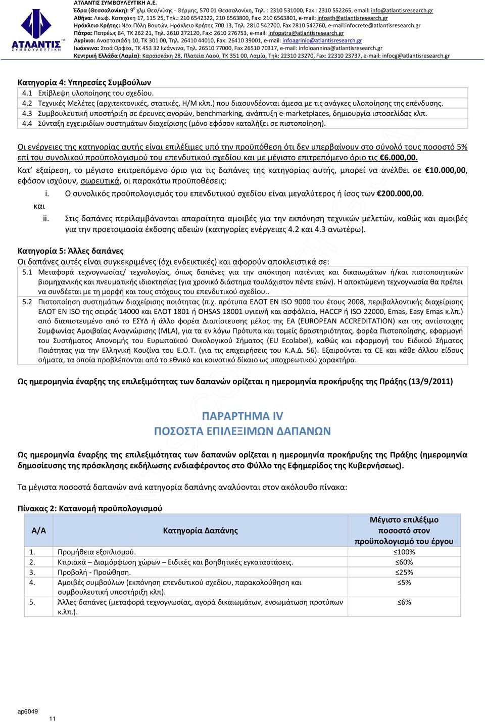 Οι ενέργειες της κατηγορίας αυτής είναι επιλέξιμες υπό την προϋπόθεση ότι δεν υπερβαίνουν στο σύνολό τους ποσοστό 5% επί του συνολικού προϋπολογισμού του επενδυτικού σχεδίου και με μέγιστο