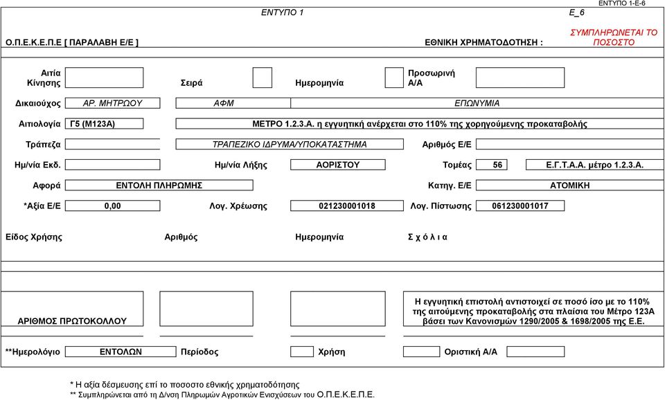 Ημ/νία Λήξης ΑΟΡΙΣΤΟΥ Τομέας 56 Ε.Γ.Τ.Α.Α. μέτρο 1.2.3.Α. Αφορά ΕΝΤΟΛΗ ΠΛΗΡΩΜΗΣ Κατηγ. Ε/Ε ΑΤΟΜΙΚΗ *Αξία Ε/Ε 0,00 Λογ. Χρέωσης 021230001018 Λογ.