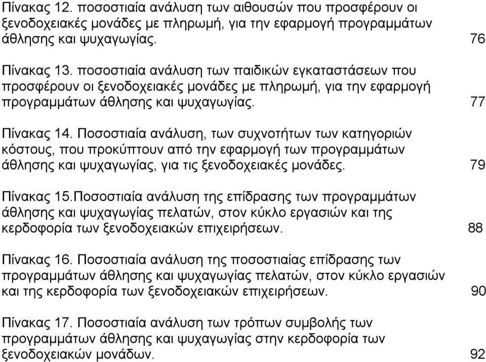 Ποσοστιαία ανάλυση, των συχνοτήτων των κατηγοριών κόστους, που προκύπτουν από την εφαρμογή των προγραμμάτων άθλησης και ψυχαγωγίας, για τις ξενοδοχειακές μονάδες. 79 Πίνακας 15.