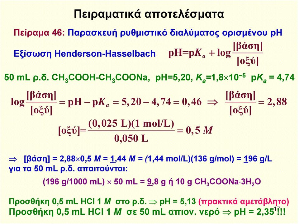 CH 3 COOH-CH 3 COONa, ph=5,20, K a =1,8 10 5 pk a = 4,74 [βάση] [βάση] log = ph pk a = 5,20 4,74 = 0,46 = 2,88 [οξύ] [οξύ] (0,025 L)(1 mol/l)