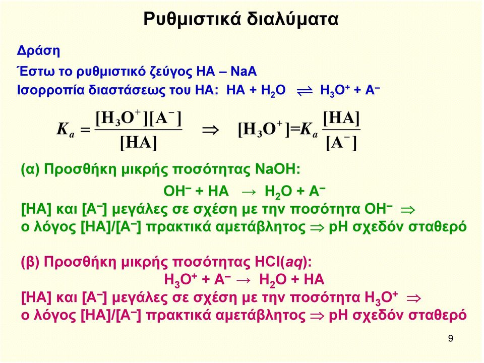 με την ποσότητα ΟΗ ολόγος[ηα]/[α ] πρακτικά αμετάβλητος ph σχεδόν σταθερό (β) Προσθήκη μικρής ποσότητας ΗCl(aq): Η 3 Ο + +