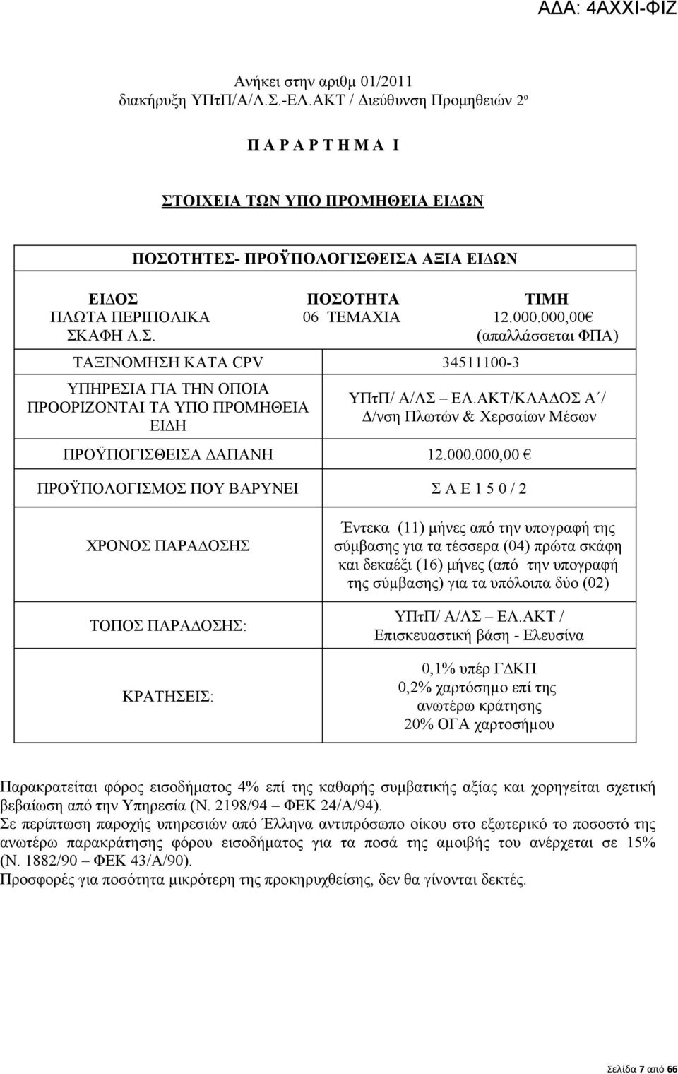 ΑΚΤ/ΚΛΑΔΟΣ Α / Δ/νση Πλωτών & Χερσαίων Μέσων ΠΡΟΫΠΟΓΙΣΘΕΙΣΑ ΑΠΑΝΗ 12.000.