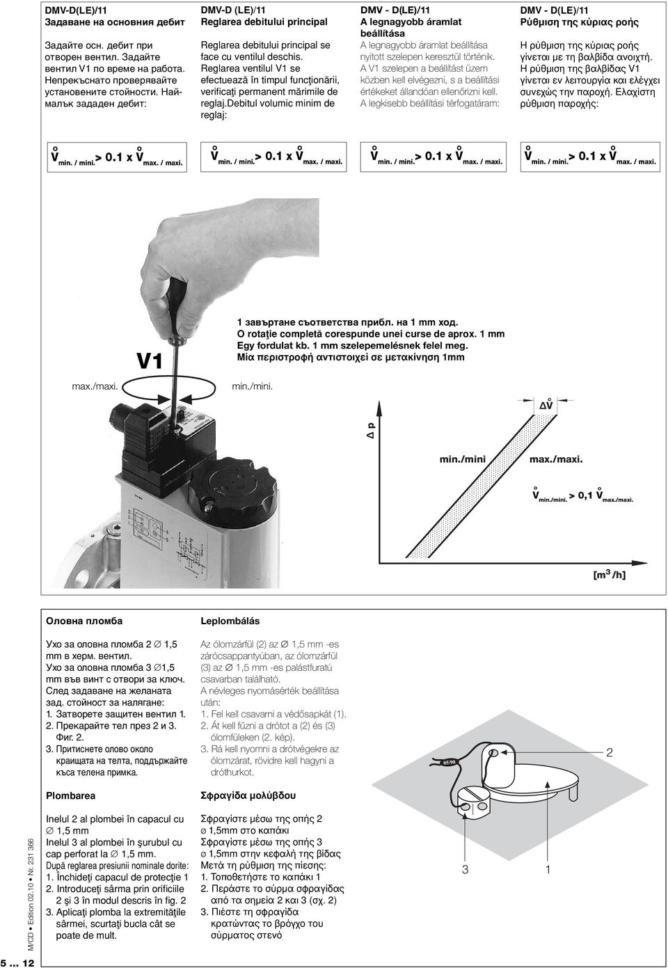 Reglarea ventilul V1 se efectueazå în timpul funcøionårii, verifi caøi permanent mårimile de reglaj.