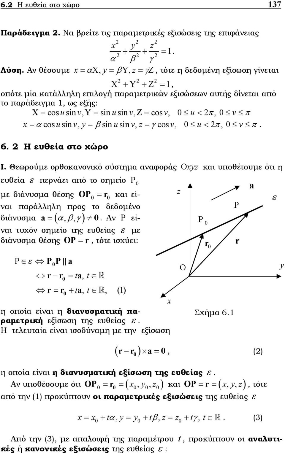 ευθεία στο χώρο I Θεωρούµε ορθοκανονικό σύστηµα αναφοράς xyz και υποθέτουµε ότι η ευθεία ε περνάει από το σηµείο Ρ µε διάνυσµα θέσης Ρ = r και είναι παράλληλη προς το δεδοµένο διάνυσµα = ( α, β, γ)