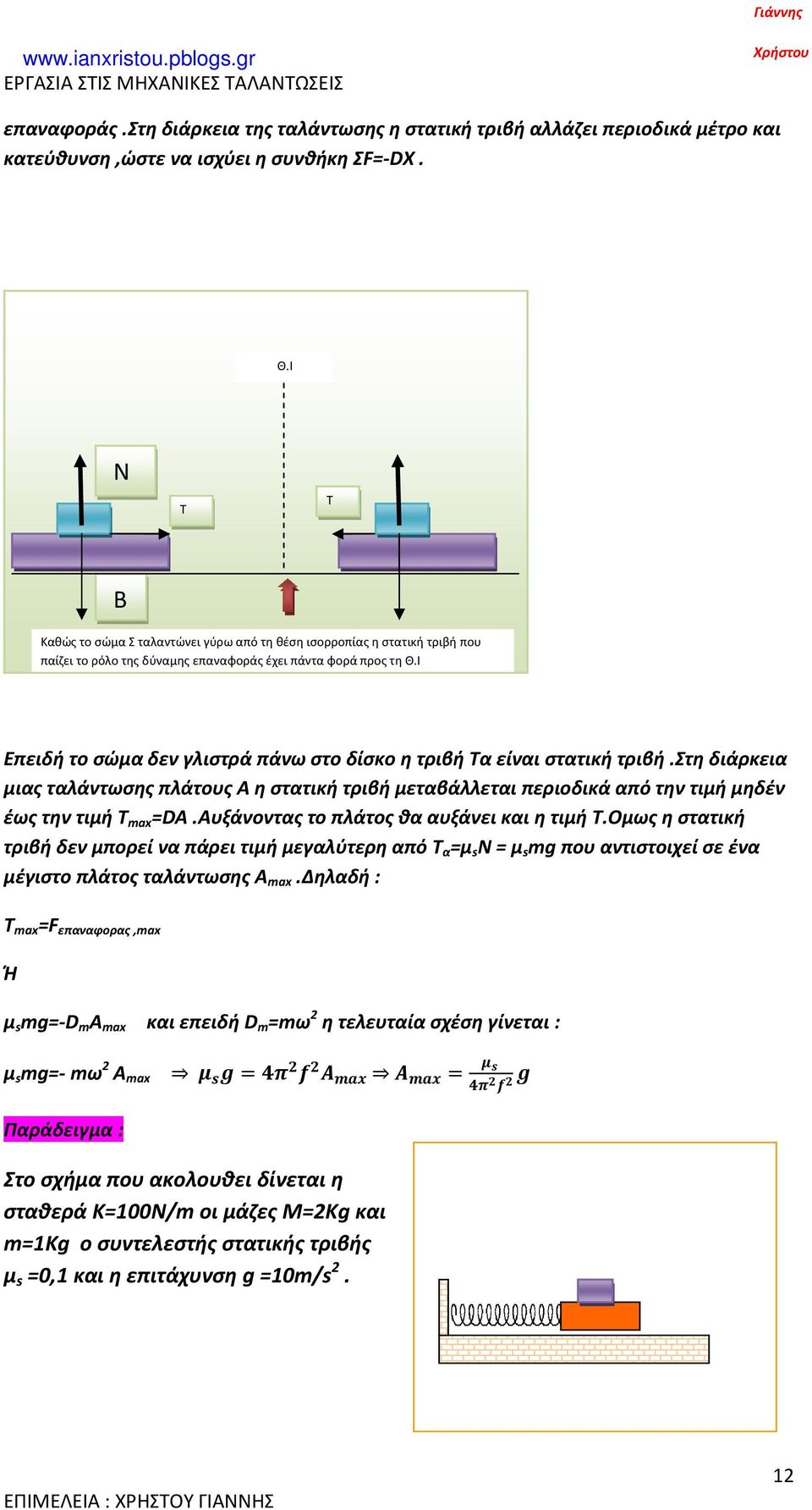 Ι Επειδή το σώμα δεν γλιστρά πάνω στο δίσκο η τριβή Τα είναι στατική τριβή.στη διάρκεια μιας ταλάντωσης πλάτους Α η στατική τριβή μεταβάλλεται περιοδικά από την τιμή μηδέν έως την τιμή Τ max =DA.