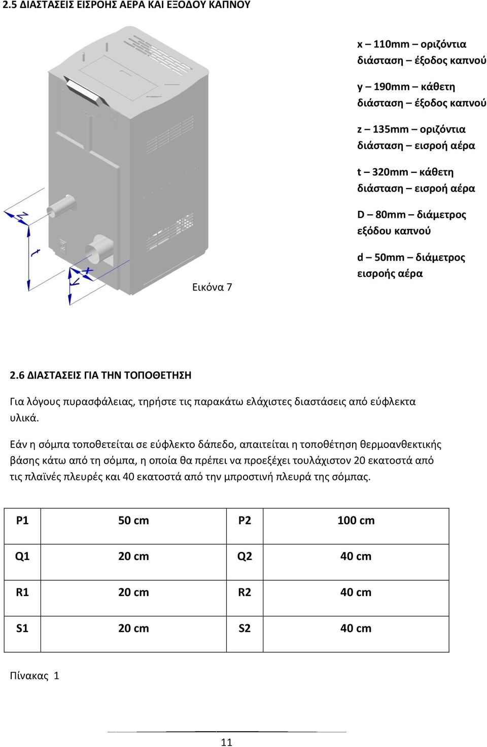 6 ΔΙΑΣΤΑΣΕΙΣ ΓΙΑ ΤΗΝ ΤΟΠΟΘΕΤΗΣΗ Για λόγους πυρασφάλειας, τηρήστε τις παρακάτω ελάχιστες διαστάσεις από εύφλεκτα υλικά.