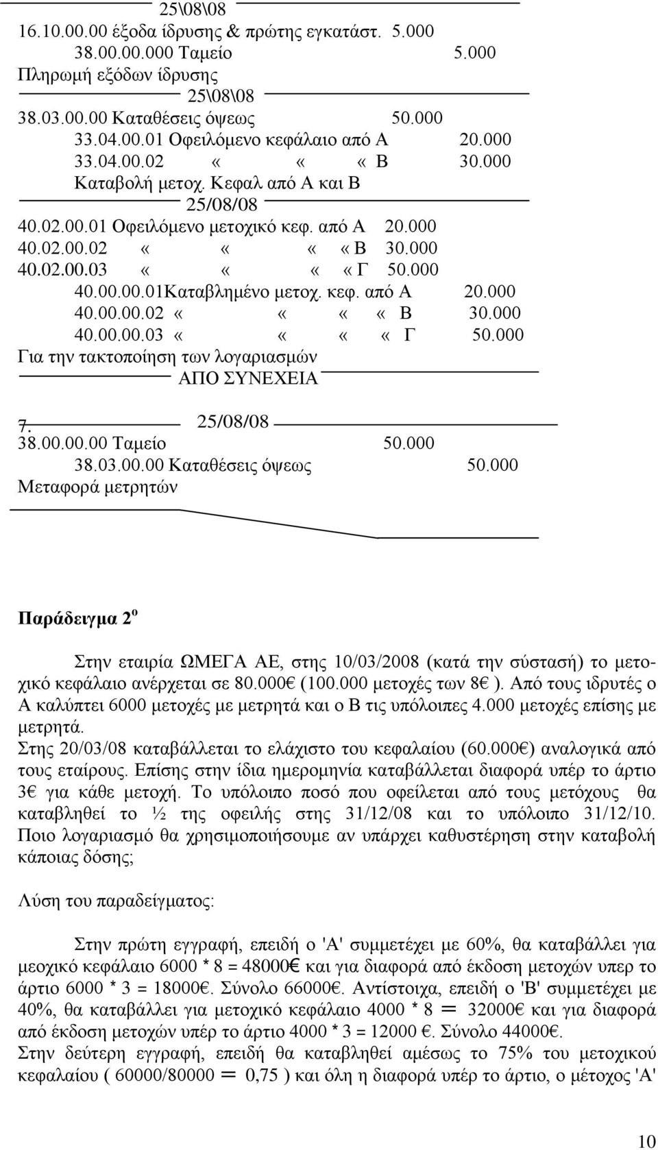 κεφ. από Α 20.000 40.00.00.02 ««««Β 30.000 40.00.00.03 ««««Γ 50.000 Για την τακτοποίηση των λογαριασμών ΑΠΟ ΣΥΝΕΧΕΙΑ 7. 25/08/08 38.00.00.00 Ταμείο 50.000 38.03.00.00 Καταθέσεις όψεως 50.