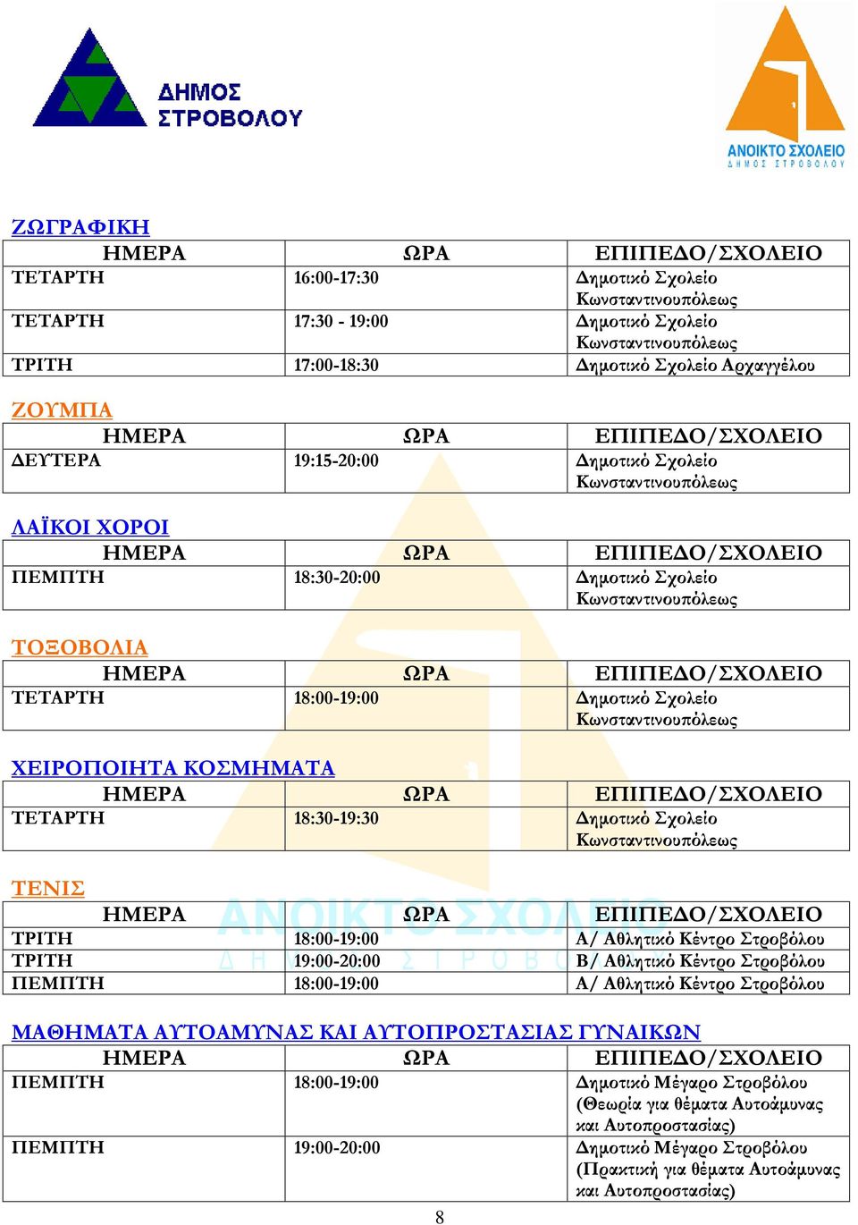 Β/ Αθλητικό Κέντρο ΠΕΜΠΤΗ 18:00-19:00 Α/ Αθλητικό Κέντρο ΜΑΘΗΜΑΤΑ ΑΥΤΟΑΜΥΝΑΣ ΚΑΙ ΑΥΤΟΠΡΟΣΤΑΣΙΑΣ ΓΥΝΑΙΚΩΝ ΠΕΜΠΤΗ 18:00-19:00 Δημοτικό