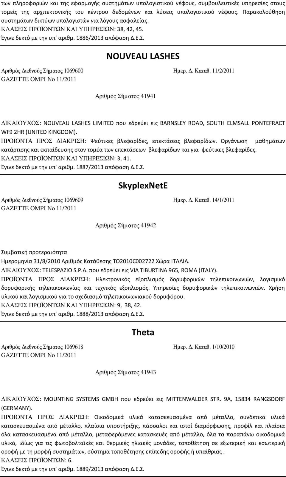 . Καταθ. 11/2/2011 GAZETTE OMPI Νo 11/2011 Αριθµός Σήµατος 41941 ΙΚΑΙΟΥΧΟΣ: NOUVEAU LASHES LIMITED που εδρεύει εις BARNSLEY ROAD, SOUTH ELMSALL PONTEFRACT WF9 2HR (UNITED KINGDOM).