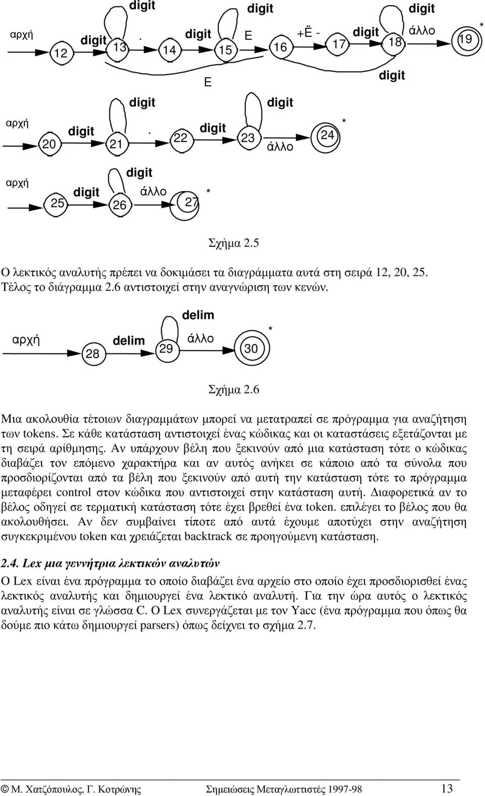 6 Mια ακολουθία τέτοιων διαγραµµάτων µπορεί να µετατραπεί σε πρόγραµµα για αναζήτηση των tokens. Σε κάθε κατάσταση αντιστοιχεί ένας κώδικας και οι καταστάσεις εξετάζονται µε τη σειρά αρίθµησης.