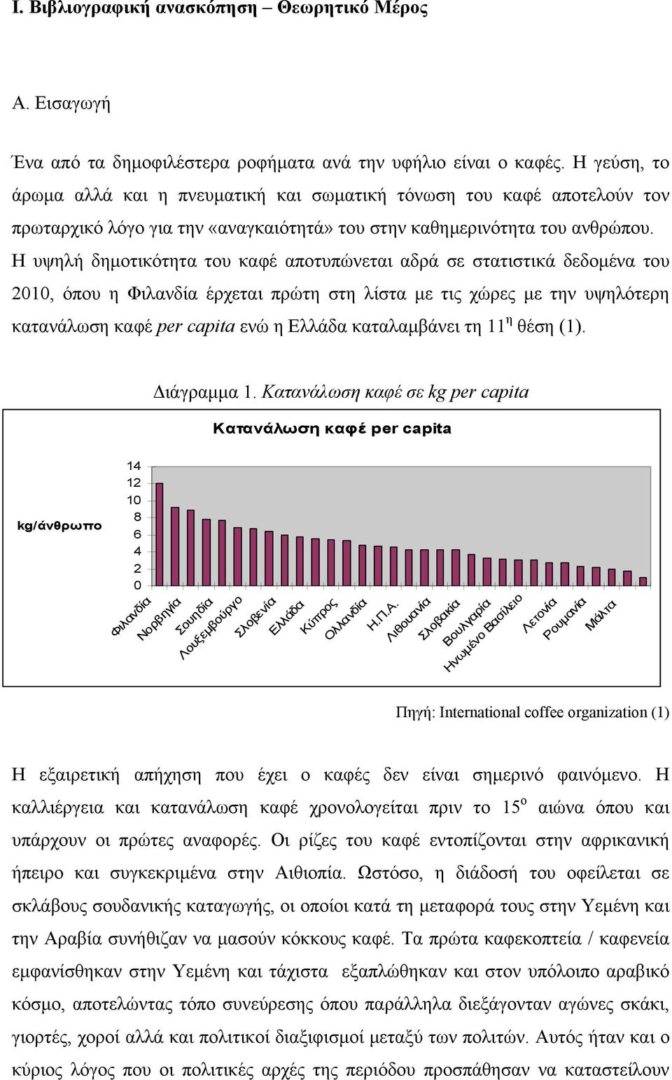 Η υψηλή δηµοτικότητα του καφέ αποτυπώνεται αδρά σε στατιστικά δεδοµένα του 2010, όπου η Φιλανδία έρχεται πρώτη στη λίστα µε τις χώρες µε την υψηλότερη κατανάλωση καφέ per capita ενώ η Ελλάδα