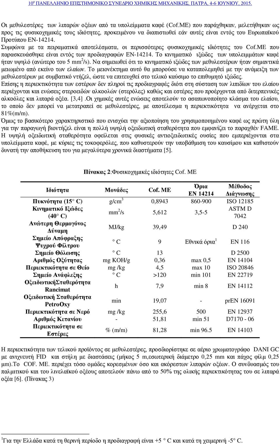 Συμφώνα με τα πειραματικά αποτελέσματα, οι περισσότερες φυσικοχημικές ιδιότητες του Cof.ME που παρασκευάσθηκε είναι εντός των προδιαγραφών ΕΝ-14214.