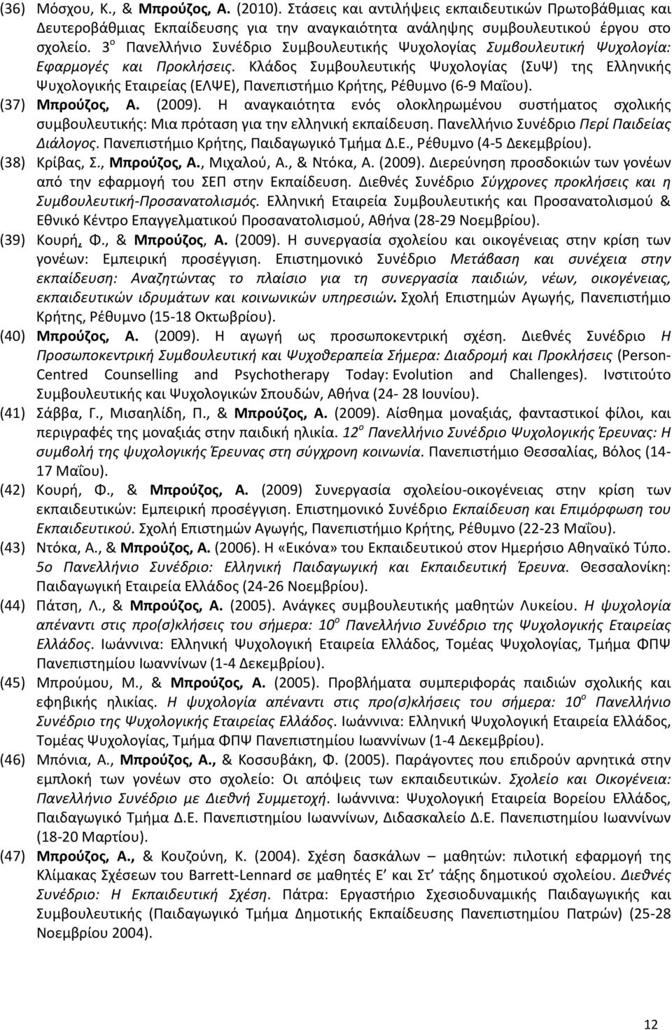 Κλάδος Συμβουλευτικής Ψυχολογίας (ΣυΨ) της Ελληνικής Ψυχολογικής Εταιρείας (ΕΛΨΕ), Πανεπιστήμιο Κρήτης, Ρέθυμνο (6-9 Μαΐου). (37) Μπρούζος, Α. (2009).