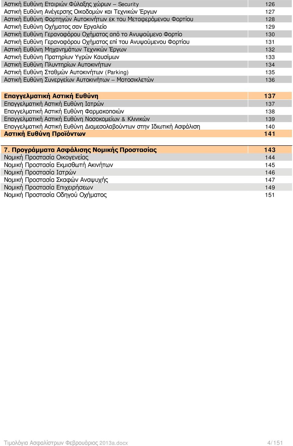 Ευθύνη Πρατηρίων Υγρών Καυσίμων 133 Αστική Ευθύνη Πλυντηρίων Αυτοκινήτων 134 Αστική Ευθύνη Σταθμών Αυτοκινήτων (Parking) 135 Αστική Ευθύνη Συνεργείων Αυτοκινήτων Μοτοσικλετών 136 Επαγγελματική Αστική