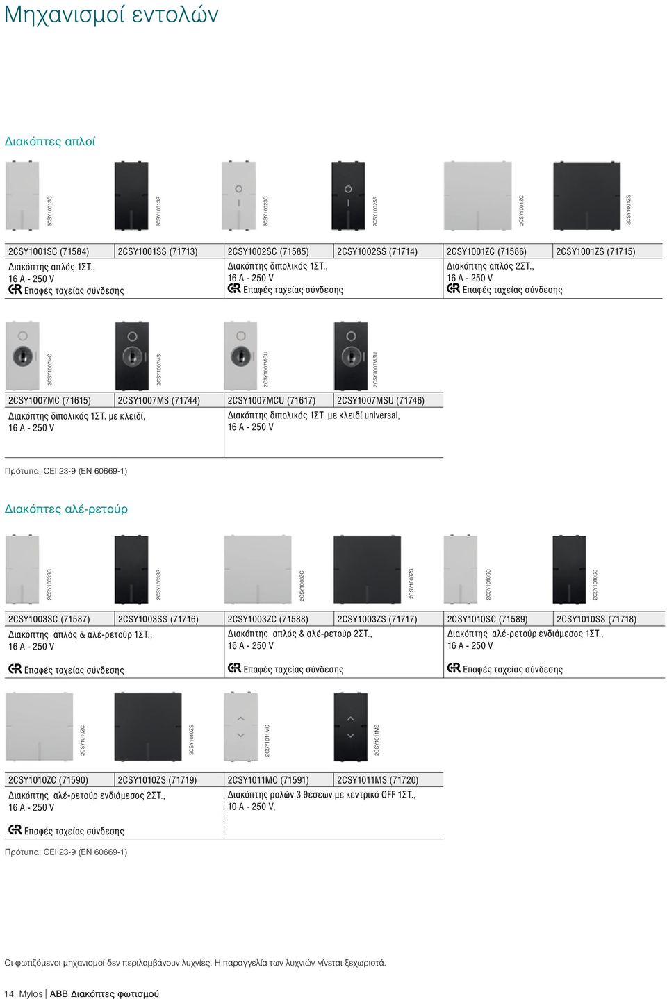 , Επαφές ταχείας σύνδεσης 2CSY1007MC (71615) 2CSY1007MS (71744) 2CSY1007MCU (71617) 2CSY1007MSU (71746) Διακόπτης διπολικός 1ΣΤ. με κλειδί, Διακόπτης διπολικός 1ΣΤ.