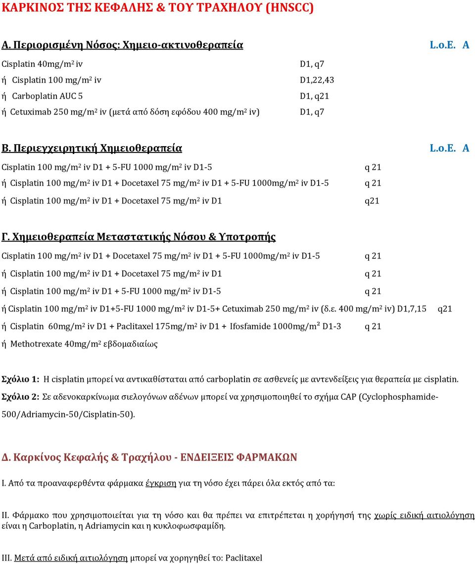 Α Cisplatin 100 mg/m 2 iv D1 + 5-FU 1000 mg/m 2 iv D1-5 q 21 ή Cisplatin 100 mg/m 2 iv D1 + Docetaxel 75 mg/m 2 iv D1 + 5-FU 1000mg/m 2 iv D1-5 q 21 ή Cisplatin 100 mg/m 2 iv D1 + Docetaxel 75 mg/m 2