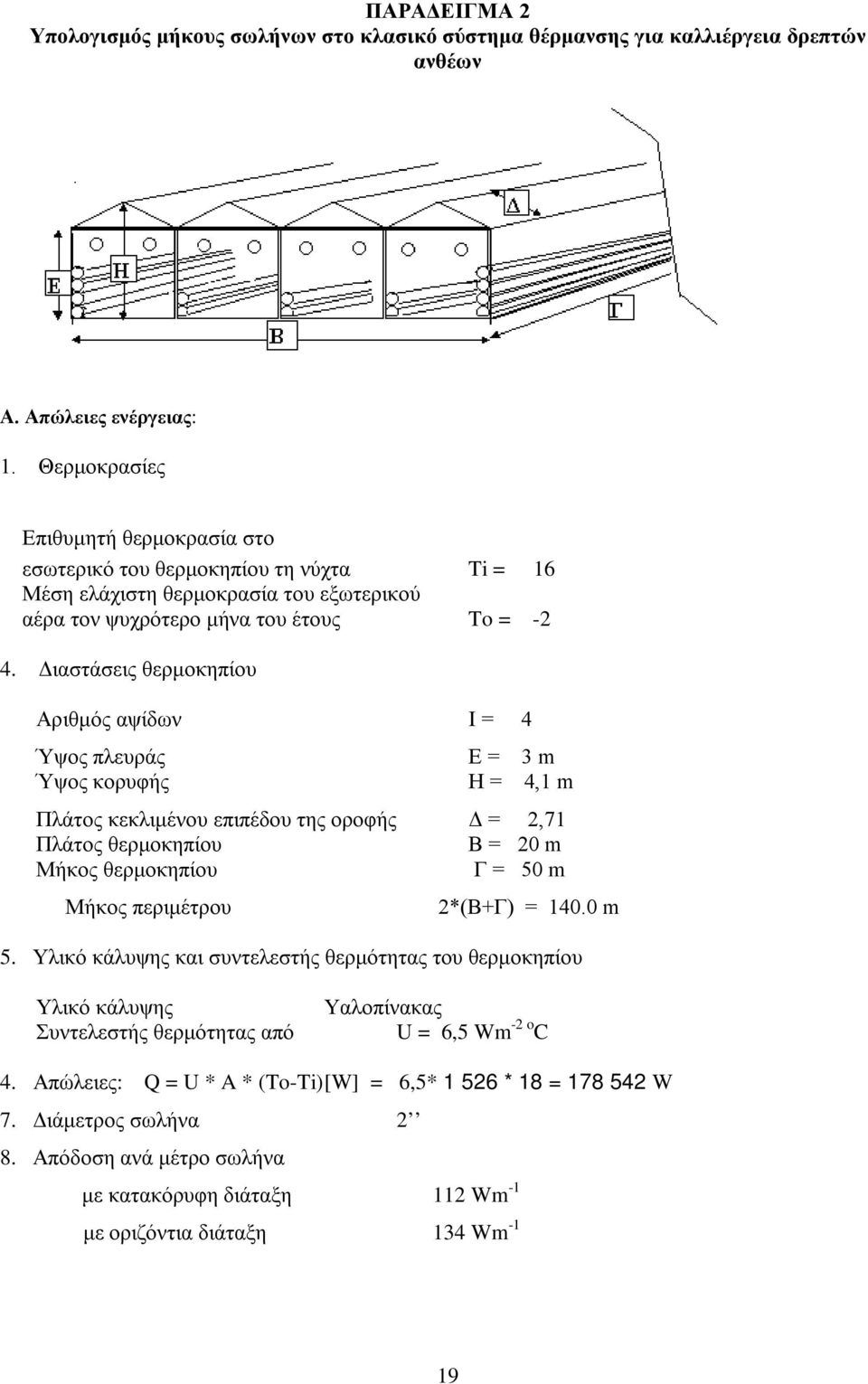 Διαστάσεις θερμοκηπίου Αριθμός αψίδων Ι = 4 Ύψος πλευράς Ε = 3 m Ύψος κορυφής Η = 4,1 m Πλάτος κεκλιμένου επιπέδου της οροφής Δ = 2,71 Πλάτος θερμοκηπίου Β = 20 m Μήκος θερμοκηπίου Γ = 50 m Μήκος
