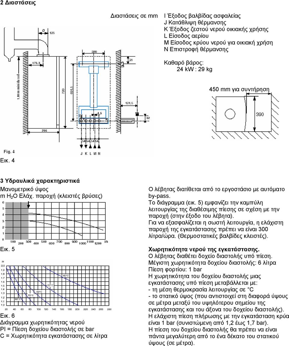 6 ιάγραµµα χωρητικότητας νερού PI = Πίεση δοχείου διαστολής σε bar C = Χωρητικότητα εγκατάστασης σε λίτρα Ο λέβητας διατίθεται από το εργοστάσιο µε αυτόµατο by-pass. Το διάγραµµα (εικ.