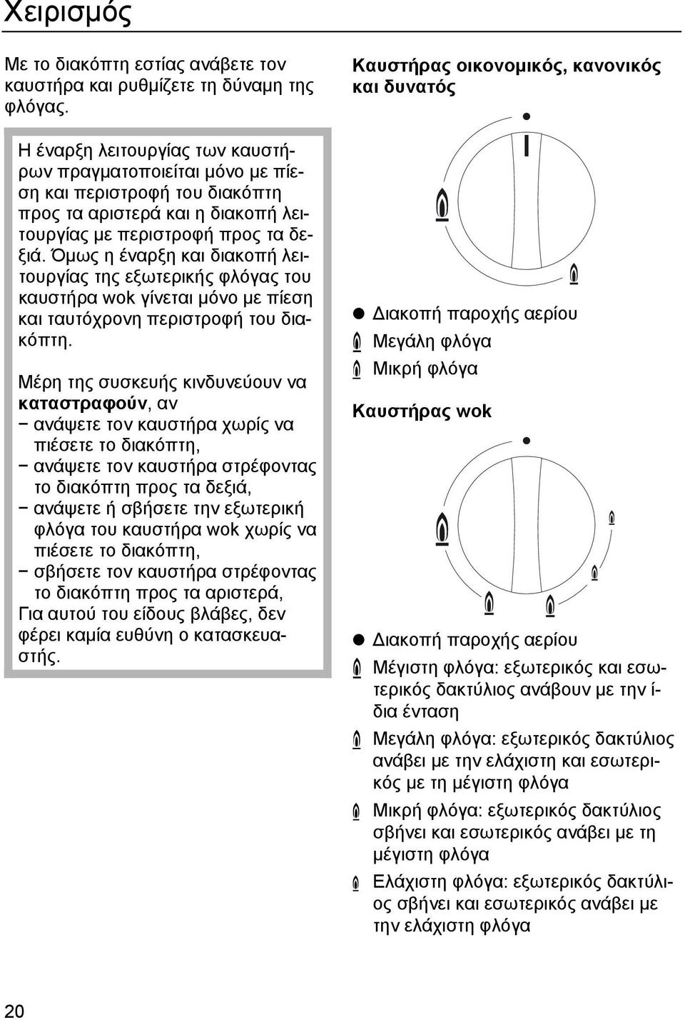 Όµως η έναρξη και διακοπή λειτουργίας της εξωτερικής φλόγας του καυστήρα wok γίνεται µόνο µε πίεση και ταυτόχρονη περιστροφή του διακόπτη.