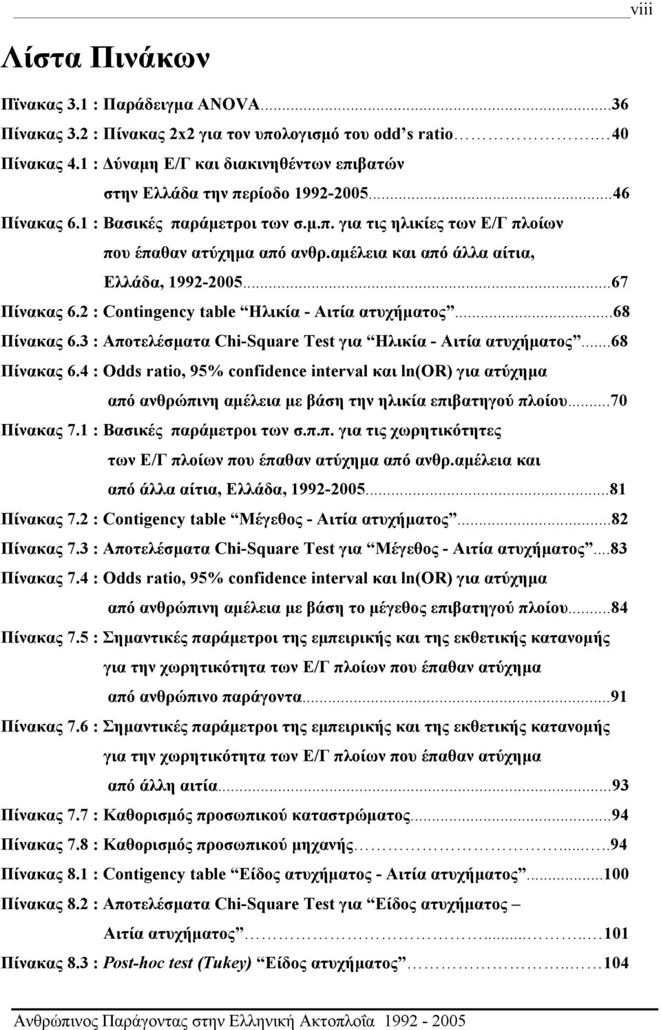 αμέλεια και από άλλα αίτια, Ελλάδα, 1992-2005...67 Πίνακας 6.2 : Contingency table Ηλικία - Αιτία ατυχήματος...68 Πίνακας 6.