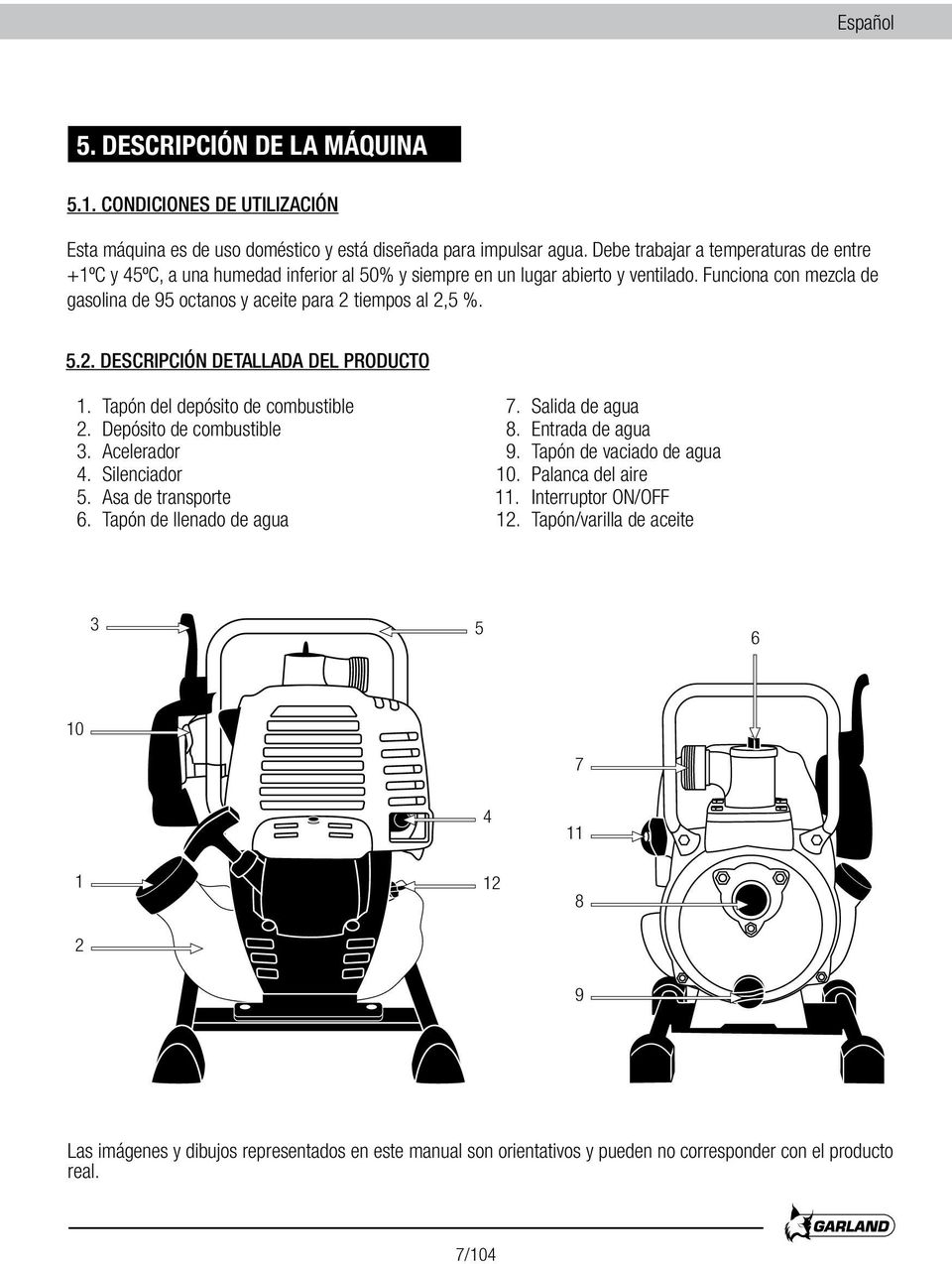 Funciona con mezcla de gasolina de 95 octanos y aceite para 2 tiempos al 2,5 %. 5.2. DESCRIPCIÓN DETALLADA DEL PRODUCTO 1. Tapón del depósito de combustible 2. Depósito de combustible 3. Acelerador 4.