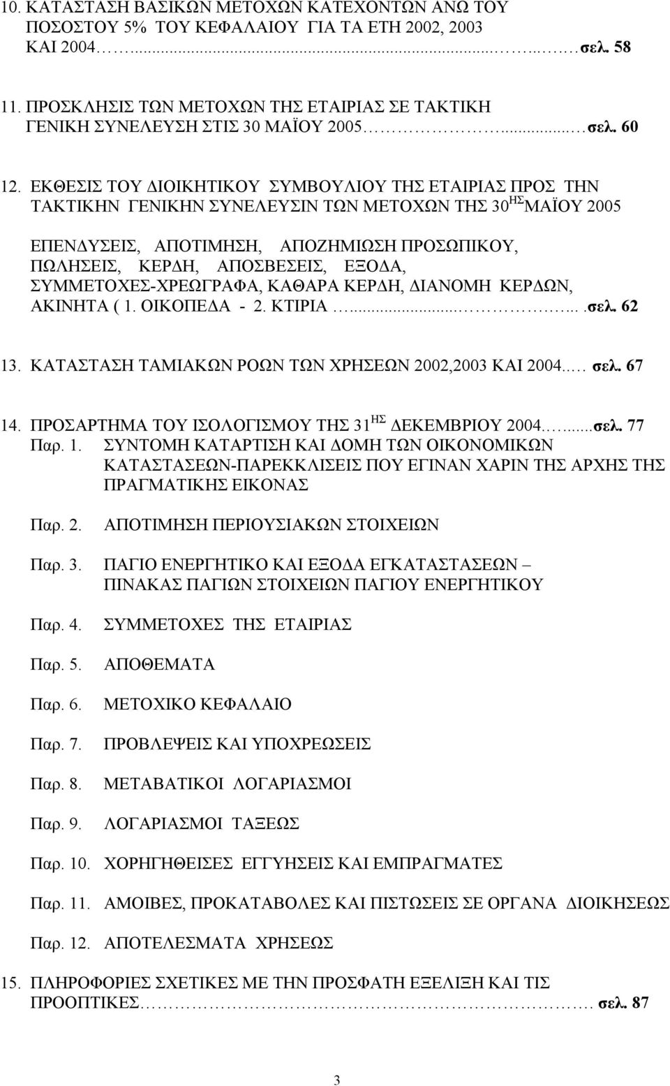 ΕΚΘΕΣΙΣ ΤΟΥ ΔΙΟΙΚΗΤΙΚΟΥ ΣΥΜΒΟΥΛΙΟΥ ΤΗΣ ΕΤΑΙΡΙΑΣ ΠΡΟΣ ΤΗΝ ΤΑΚΤΙΚΗΝ ΓΕΝΙΚΗΝ ΣΥΝΕΛΕΥΣΙΝ ΤΩΝ ΜΕΤΟΧΩΝ ΤΗΣ 30 ΗΣ ΜΑΪΟΥ 2005 ΕΠΕΝΔΥΣΕΙΣ, ΑΠΟΤΙΜΗΣΗ, ΑΠΟΖΗΜΙΩΣΗ ΠΡΟΣΩΠΙΚΟΥ, ΠΩΛΗΣΕΙΣ, ΚΕΡΔΗ, ΑΠΟΣΒΕΣΕΙΣ, ΕΞΟΔΑ,