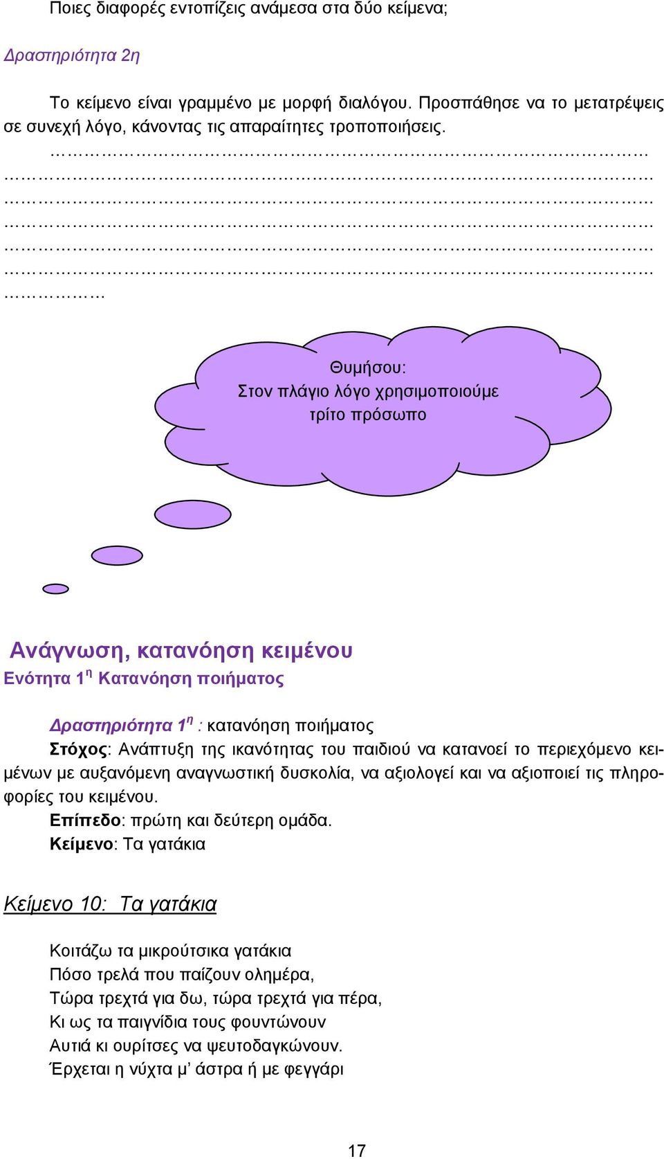 να κατανοεί το περιεχόμενο κειμένων με αυξανόμενη αναγνωστική δυσκολία, να αξιολογεί και να αξιοποιεί τις πληροφορίες του κειμένου. Επίπεδο: πρώτη και δεύτερη ομάδα.