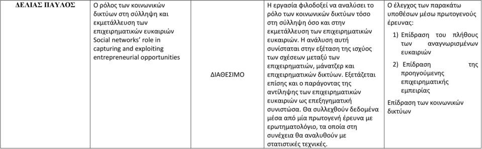 Η ανάλυση αυτή συνίσταται στην εξέταση της ισχύος των σχέσεων μεταξύ των επιχειρηματιών, μάνατζερ και επιχειρηματικών δικτύων.