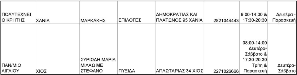 17:30-20:30 ΧΙΟΣ ΣΥΡΙΩΔΗ ΜΑΡΙΑ ΜΙΛΑΩ ΜΕ ΣΤΕΦΑΝΟ