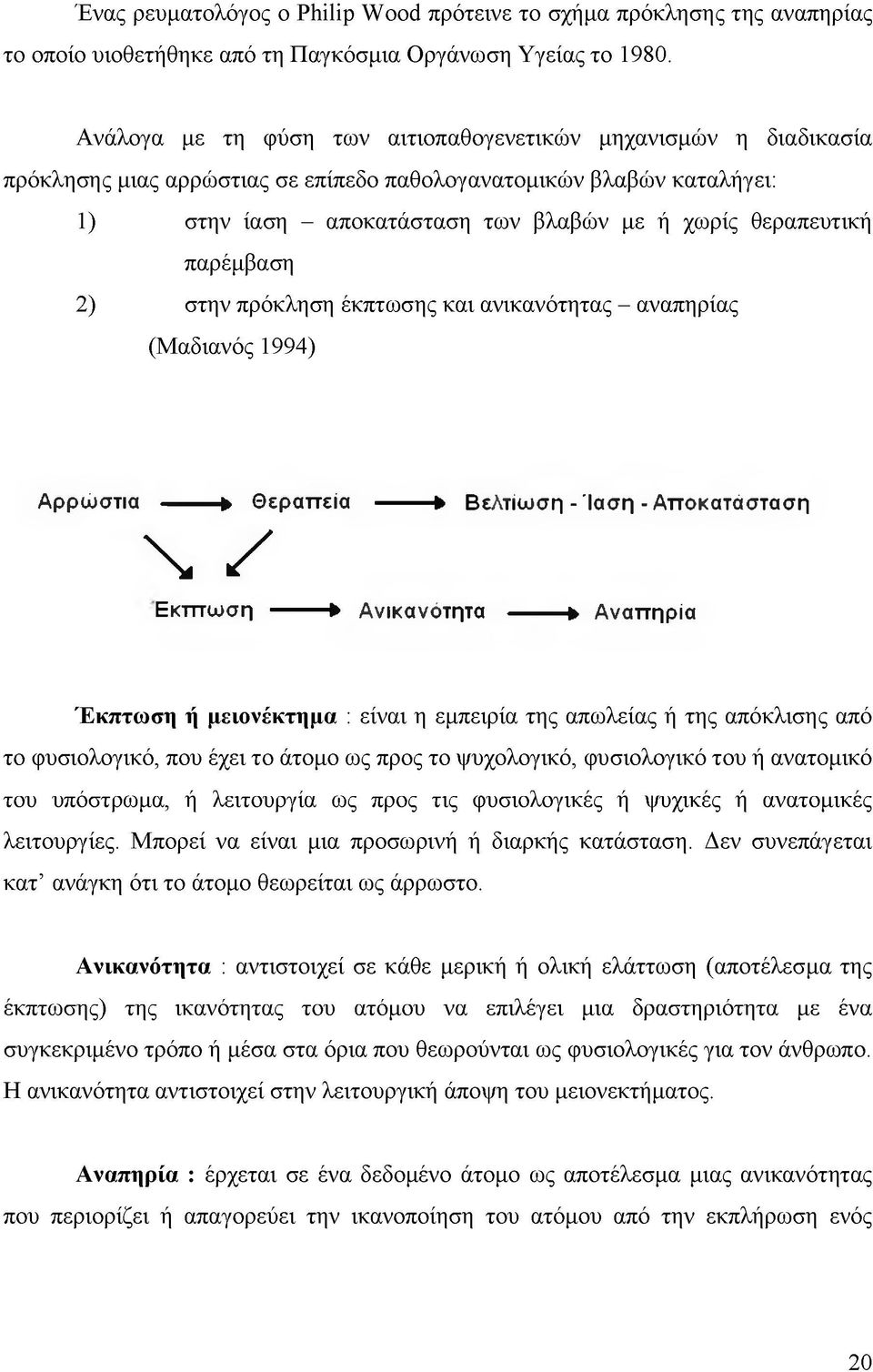 παρέμβαση 2) στην πρόκληση έκπτωσης και ανικανότητας - αναπηρίας (Μαδιανός 1994) Αρρώστια ---------» Θεραπεία» Βελτίωση - Ίαση - Αποκατάσταση \ / Εκπτωση» Ανικανότητα ---------t Αναπηρία Έκπτωση ή