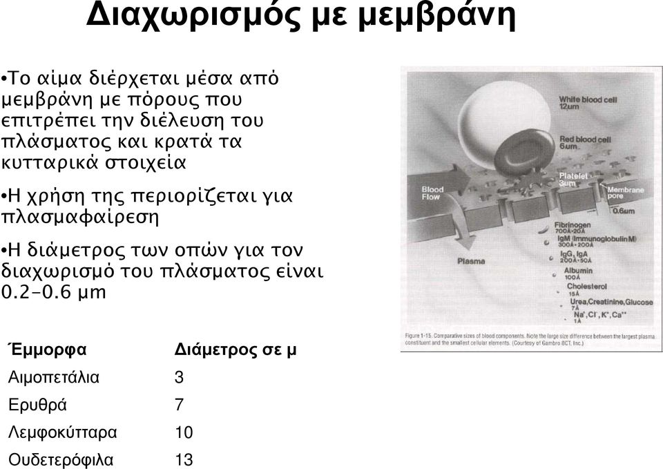 για πλασμαφαίρεση Η διάμετρος των οπών για τον διαχωρισμό του πλάσματος είναι 0.2-0.