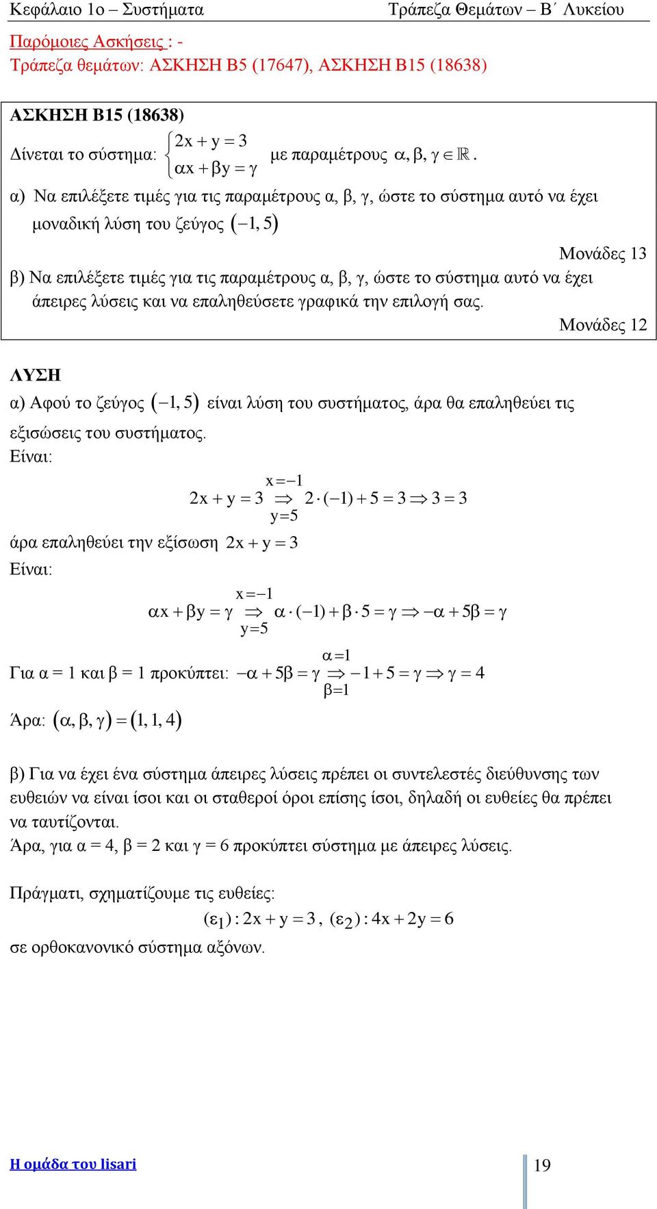 έχει άπειρες λύσεις και να επαληθεύσετε γραφικά την επιλογή σας. Μονάδες 1 α) Αφού το ζεύγος 1, 5 είναι λύση του συστήματος, άρα θα επαληθεύει τις εξισώσεις του συστήματος.